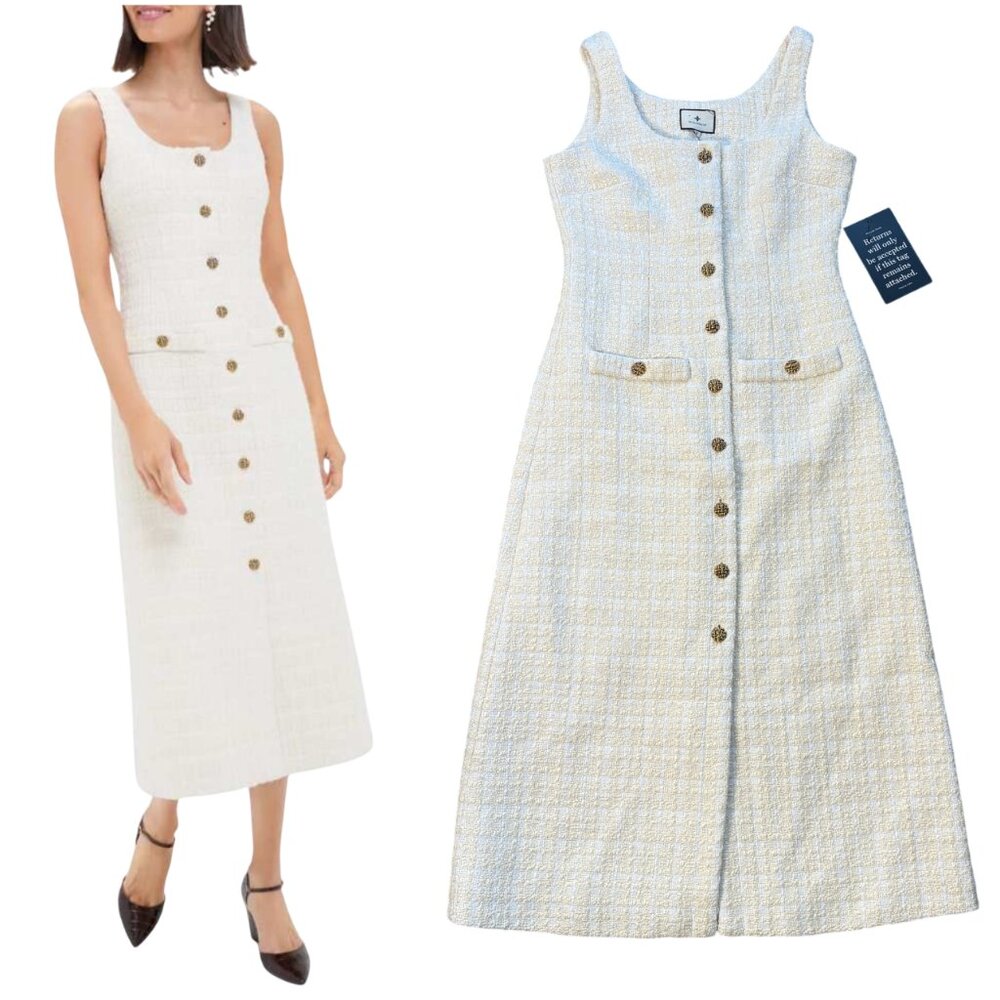 Tuckernuck Ivory Tweed Midi Dress with Gold Buttons